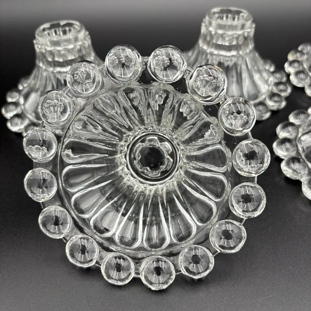 Anchor Hocking Berwick Boopie Clear Candlesticks Set Of  5 Beaded‎ Glass MCM